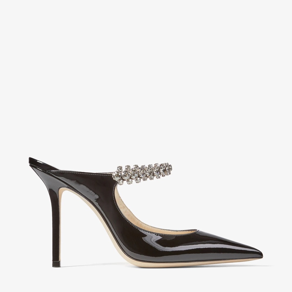 Jimmy choo Bing Black Patent Leather Mules with Crystal Strap